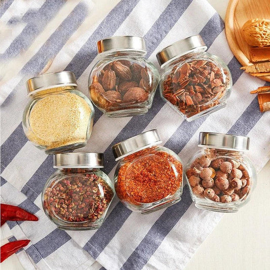 Irregular-shaped glass spice jars in various sizes, made of premium materials for stylish and functional kitchen storage