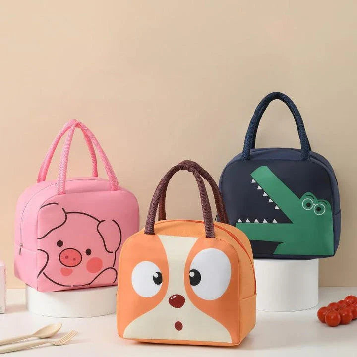 Cartoon animal-themed thermal lunch bag for children, made of durable Oxford cloth with insulated design and vibrant animal prints.