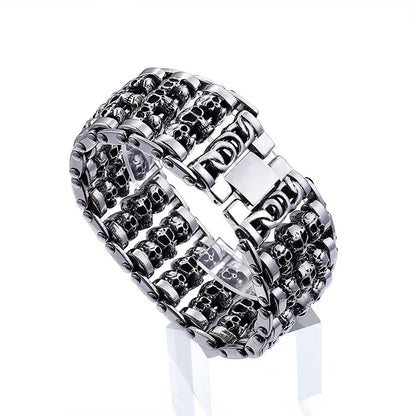 A premium titanium steel skull bracelet, designed for the style-conscious British gentleman with a rebellious spirit.