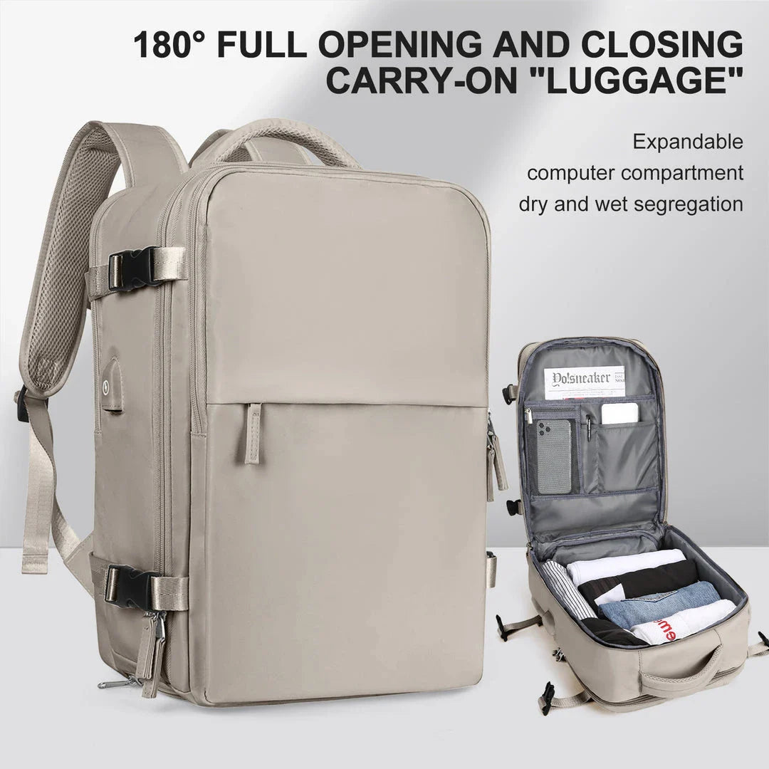 A premium white travel backpack with multiple compartments, designed for airline carry-on approval and weather protection.