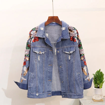 Premium embroidered denim jacket with slimming beaded sequins in a relaxed, flattering fit