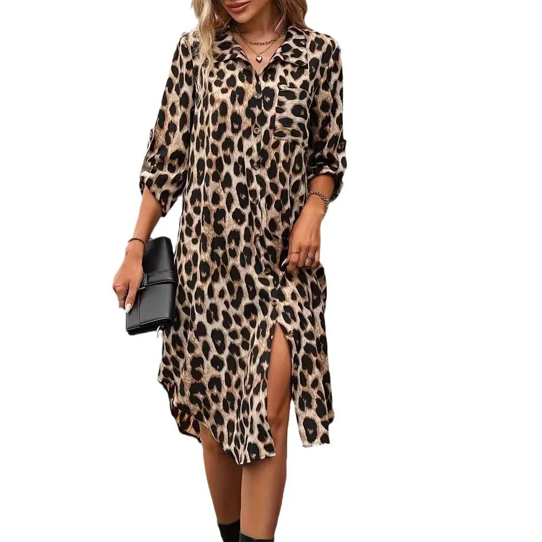 Elegant leopard print beach cover-up robe with V-neck and side pockets, perfect for summer vacations and beach parties.