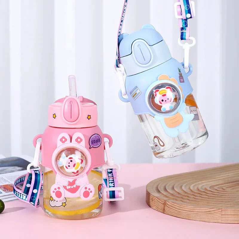 Colourful, durable Kids Cartoon Water Bottle with straw and carrying strap, designed for children's hydration needs