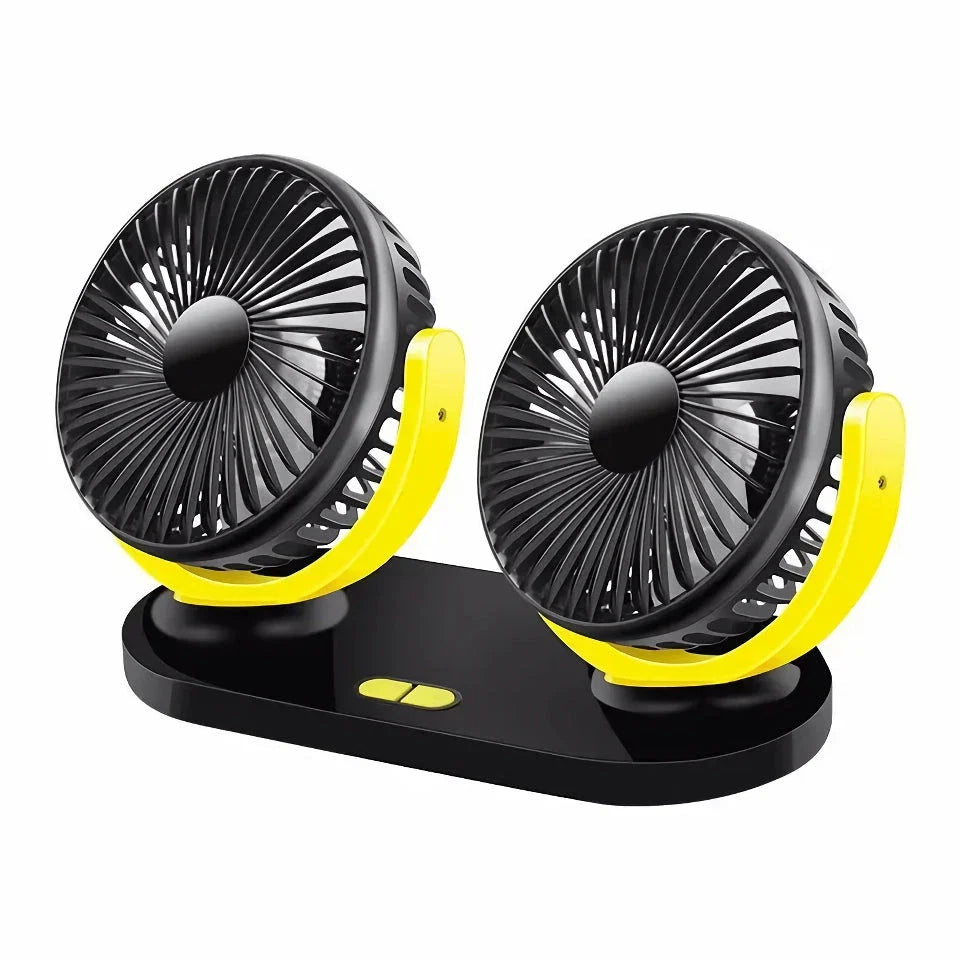 Versatile 12/24V dual-head car cooling fan with adjustable 3-speed settings for customised airflow