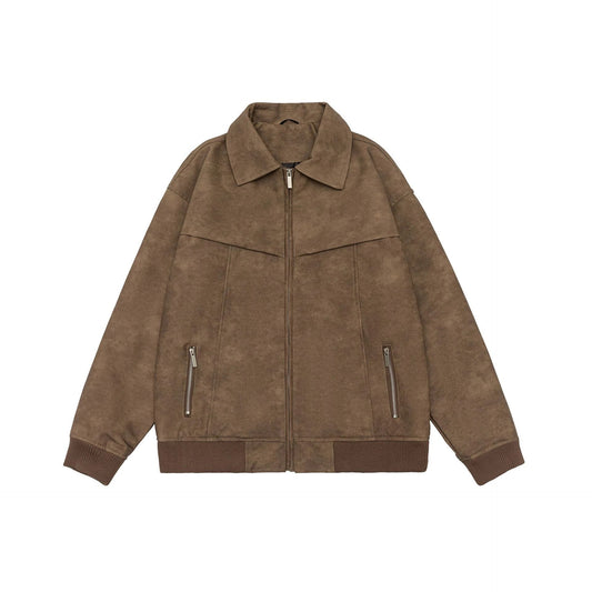 A classic distressed leather jacket in a relaxed, unstructured fit suitable for both men and women