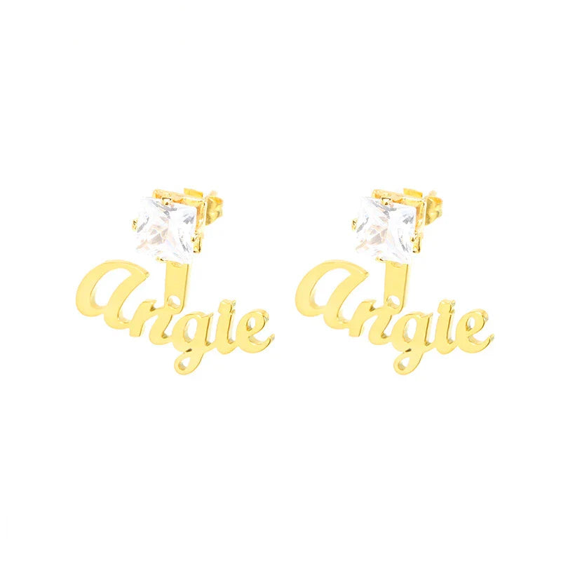 Customised name earrings in various shapes and finishes, including gold and platinum stars, hearts, squares, and rounds