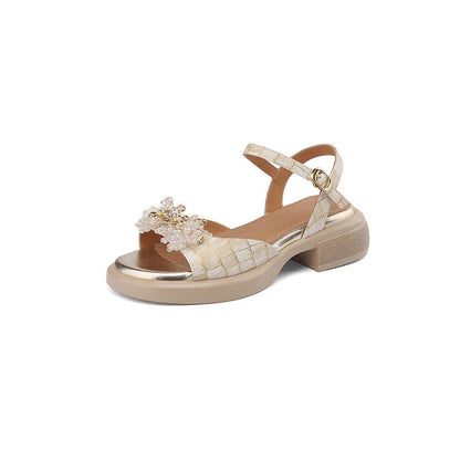 Premium genuine leather gladiator sandals with chunky square heel, adjustable strap, and unique checkered pattern design