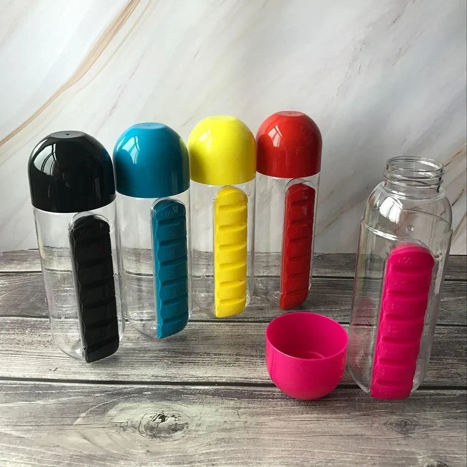 600ml Premium Plastic Water Bottle with Daily Pill Organiser - Durable, Leak-Proof Design with Integrated Supplement Storage