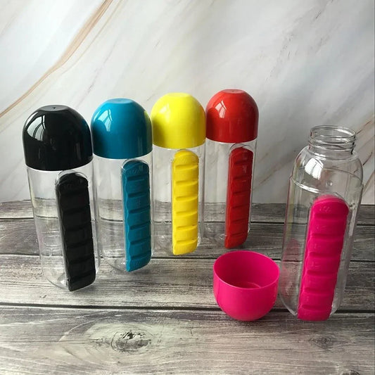 600ml Premium Plastic Water Bottle with Daily Pill Organiser - Durable, Leak-Proof Design with Integrated Supplement Storage