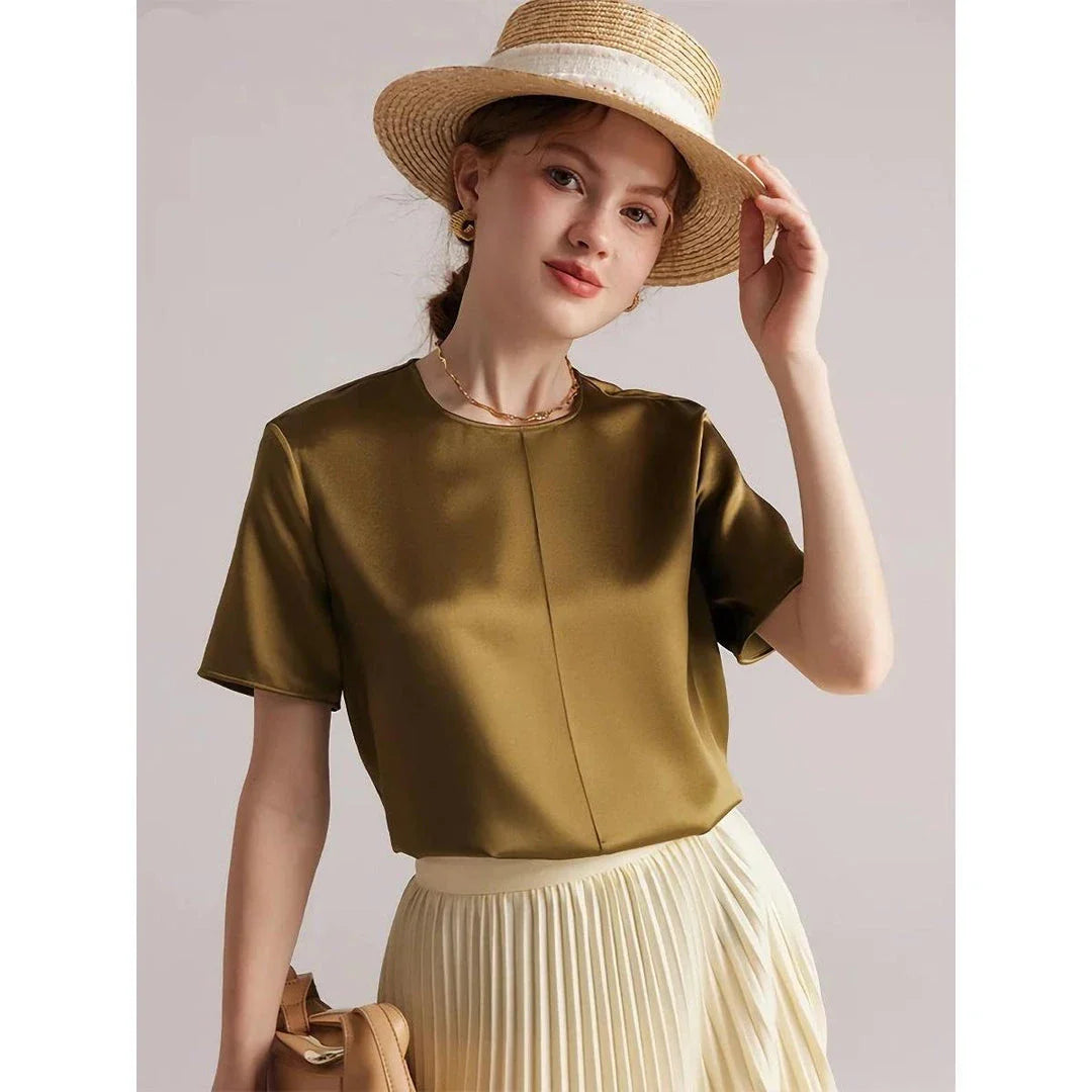 Elegant women's summer tee made of premium mulberry silk with classic O-neck design and short sleeves