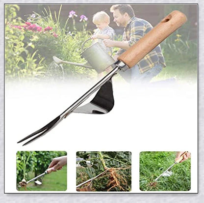 Premium British stainless steel manual weed puller with curved metal base and sharp forks for easy weed removal