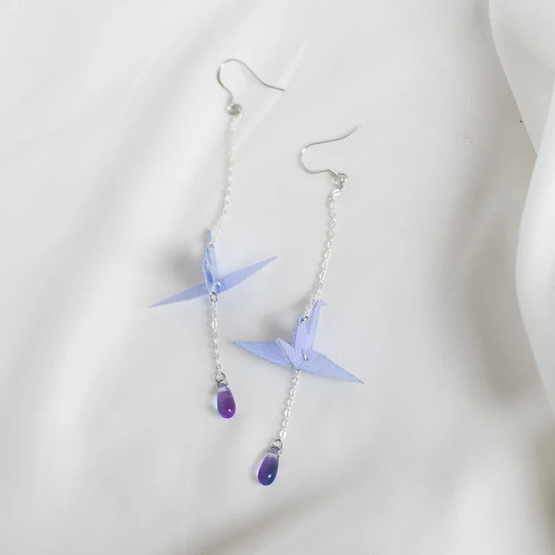 Exquisite handcrafted Thousand Origami Crane Earrings in silver and gold tones, a unique British treasure