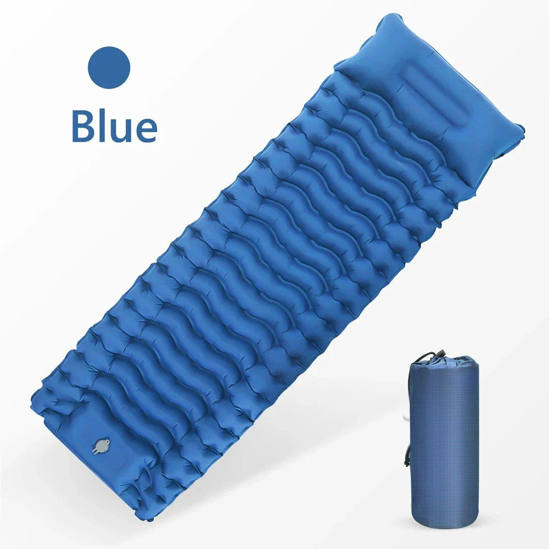 Luxury inflatable camping mattress with built-in pillow and foot pump for effortless inflation and superior comfort in the great outdoors