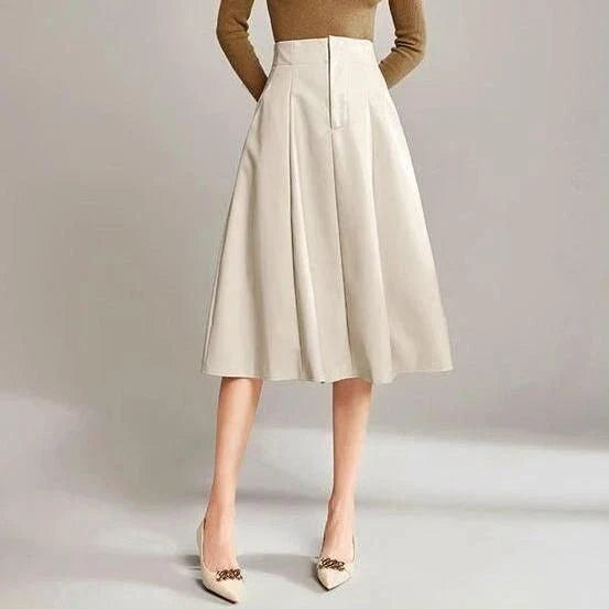 High-waist, A-line black PU leather skirt with a knee-length design for a sophisticated, elegant look