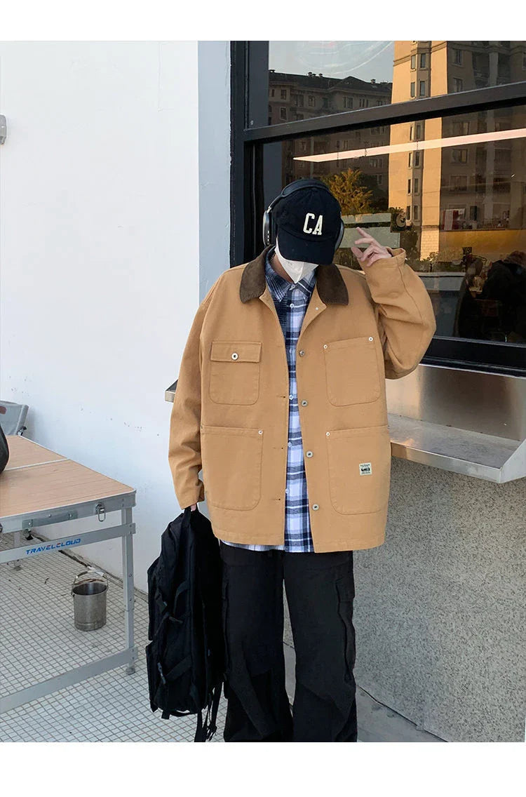 A premium multi-pocket jacket in yellow or navy blue, designed for the sophisticated British gentleman with attention to detail and quality craftsmanship.