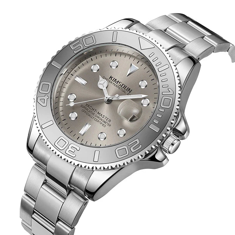 Premium luminous waterproof quartz watch for men with stainless steel case and grey dial