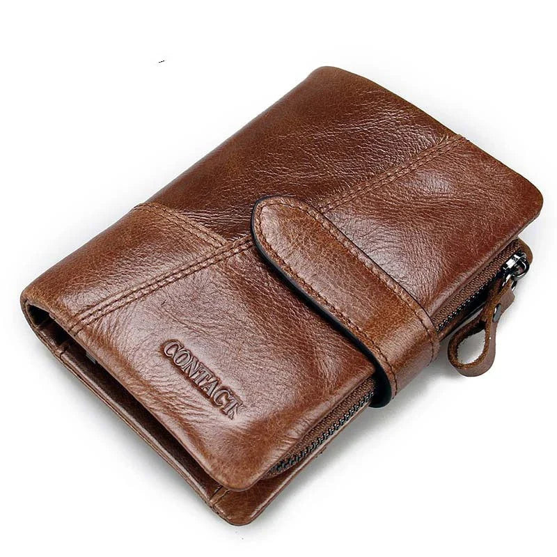 Premium genuine leather wallet with intricate stitching detail, designed for organised and stylish everyday carry
