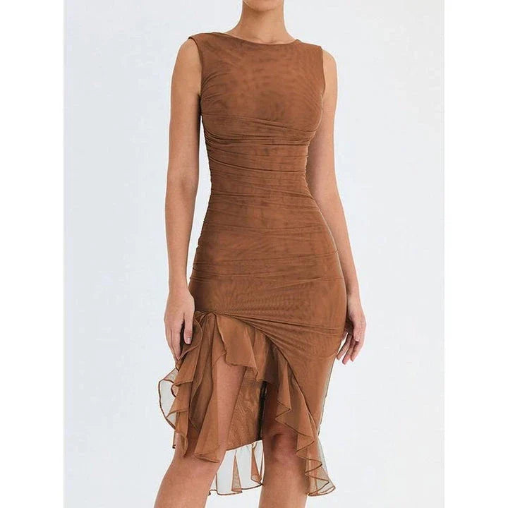 Elegant backless midi dress with ruffled tiers and sleeveless design, perfect for British women's fashion