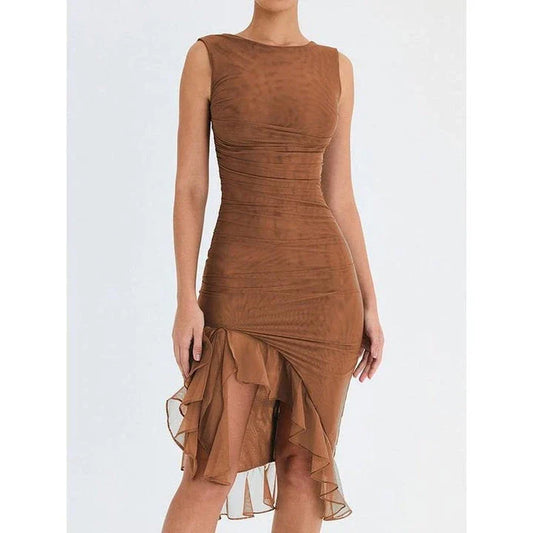 Elegant backless midi dress with ruffled tiers and sleeveless design, perfect for British women's fashion