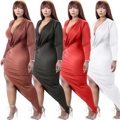 Elegant V-neck formal dress with a dramatic side slit, available in classic colours and a range of sizes for a flattering fit.