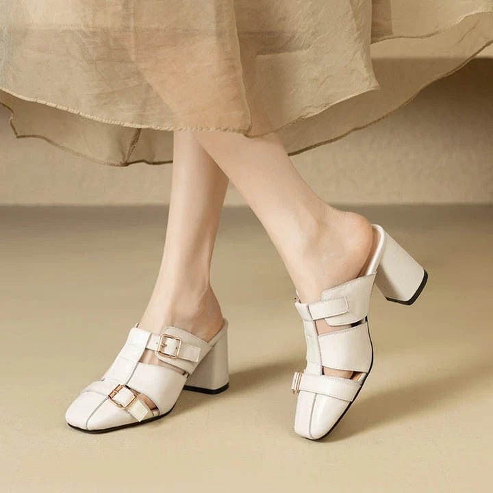 Exquisite embroidered leather high heel slippers in khaki colour, showcasing intricate detailing and a stable square heel design for stylish summer wear