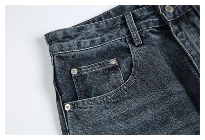 A pair of stylish retro-inspired Japanese jeans in black and grey, featuring a mid-rise waist and straight leg silhouette for a flattering, comfortable fit.