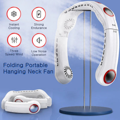 Portable Foldable Hanging Neck Fan with four powerful motors for high-velocity wind flow and long-lasting battery