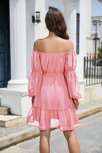 Stylish one-shoulder chiffon dress with ruffled bubble dot design, available in various sizes and blue colour