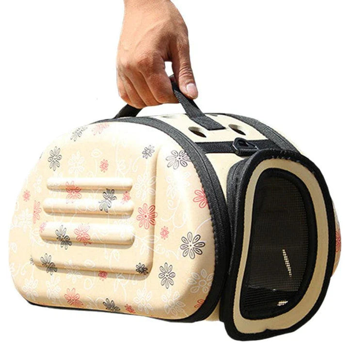 Premium breathable dog carrier in champagne colour with plush polyester lining and mesh panels for comfortable pet travel