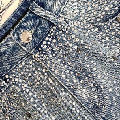 Premium high-waist rhinestone-embellished flared jeans for women in a sleek, versatile design