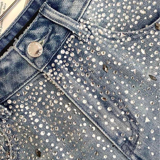 Premium high-waist rhinestone-embellished flared jeans for women in a sleek, versatile design