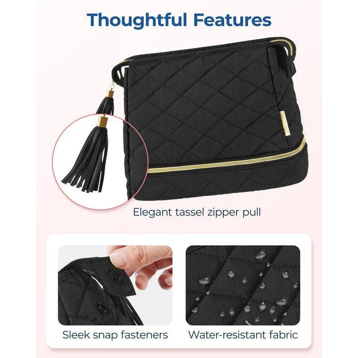 Double Layer Makeup Cosmetic Bag in soft pink colour with stylish tassel zippers and secure side clasps