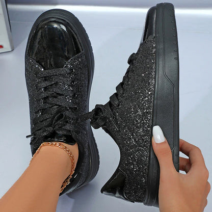 Glittering sequin flats with thick soles and lace-up closure in various vibrant colours