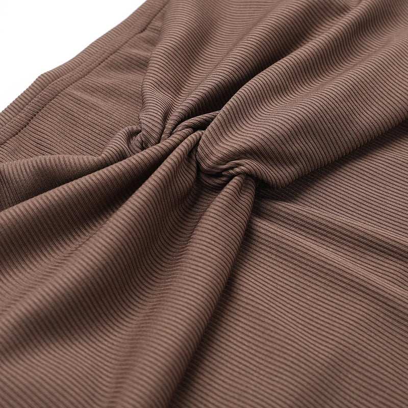 Trendha Slim-Fit Pleated Off-Shoulder Dress in Brown with Long Sleeves