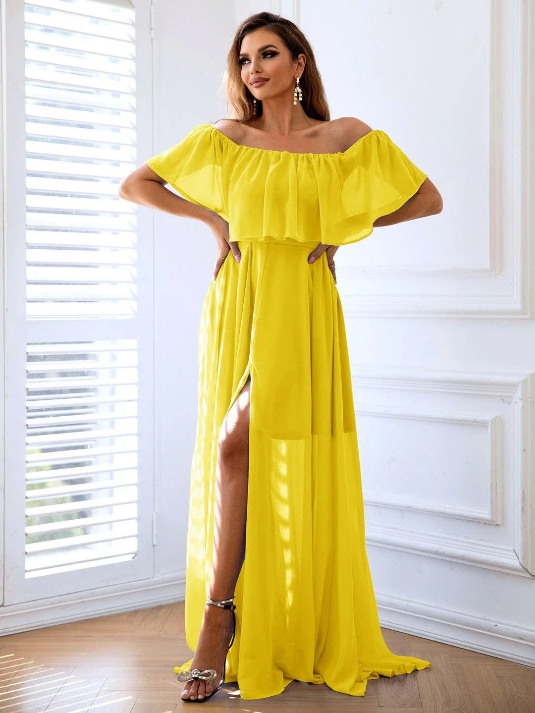 Stylish off-shoulder layered split maxi dress in yellow color, perfect for casual and sophisticated occasions.