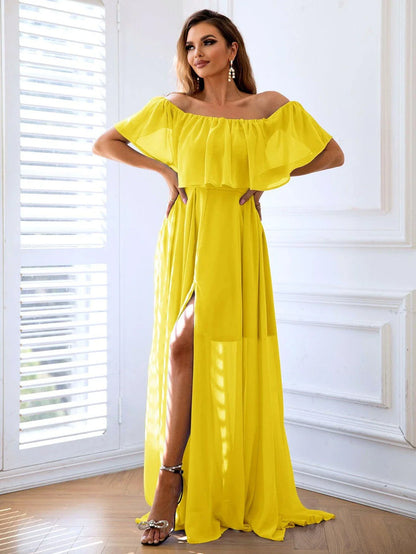 Stylish off-shoulder layered split maxi dress in yellow color, perfect for casual and sophisticated occasions.