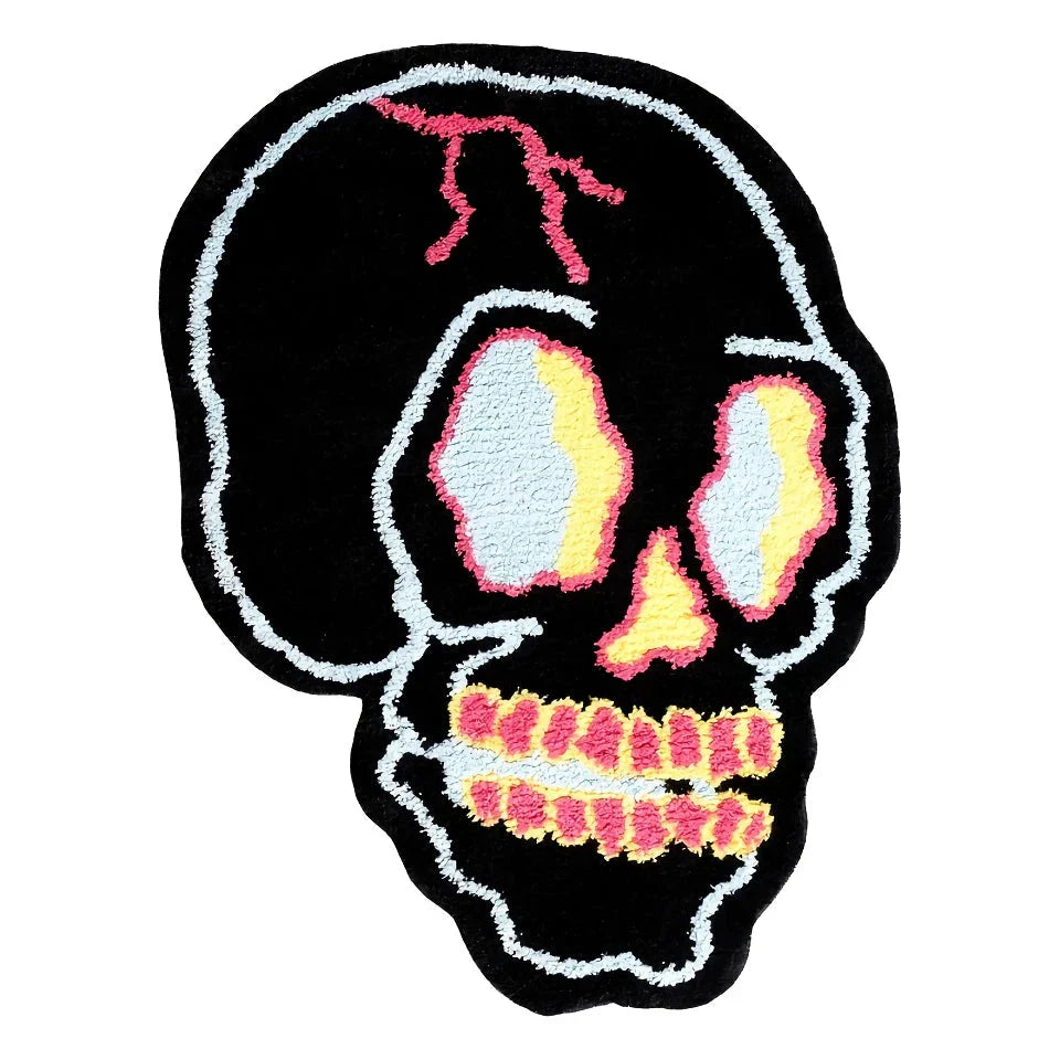 A stylish, black and pink skull-patterned area rug with an irregular, funky design for a modern living room or bedroom