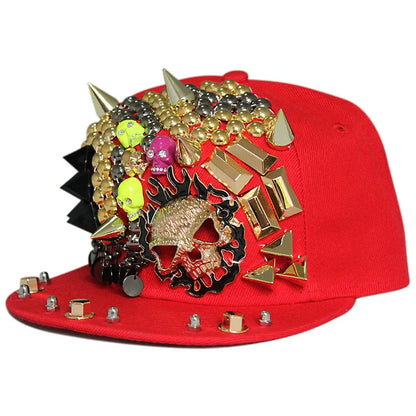Stylish Ghost Head Baseball Cap with Rivets - Adjustable, Flat Brim, Premium Cotton-Polyester Blend