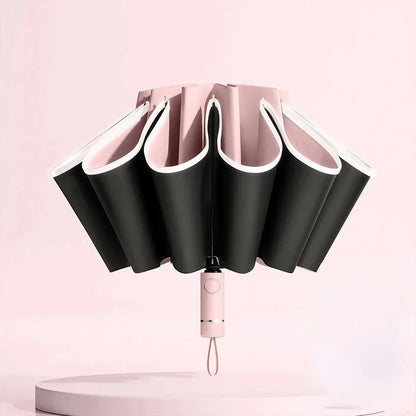 Premium auto-open reverse folding umbrella with reflective safety strip for all-weather protection