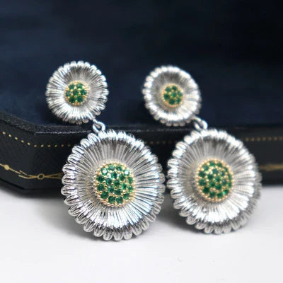 Long Small Daisy Stud Earrings in two-tone design for fashionable British women