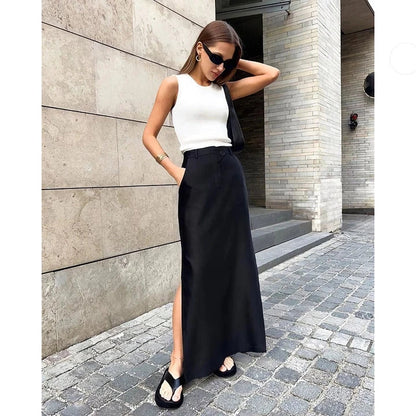 Elegant black ankle-length A-line skirt with pockets, made of high-quality polyester, spandex, and viscose blend fabric