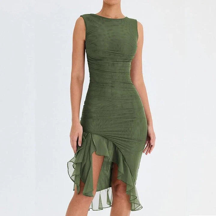 Elegant backless midi dress with ruffled tiers and sleeveless design, perfect for British women's fashion