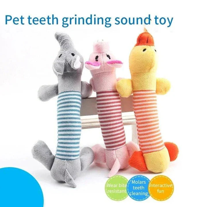 Premium plush squeaky dog toy in various colours, featuring textured stripes for dental cleaning and a built-in sound generator for interactive play.