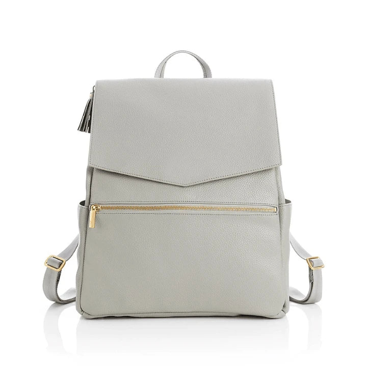 Premium PU leather mummy bag in light grey with stylish striped pattern, designed for the modern UK parent