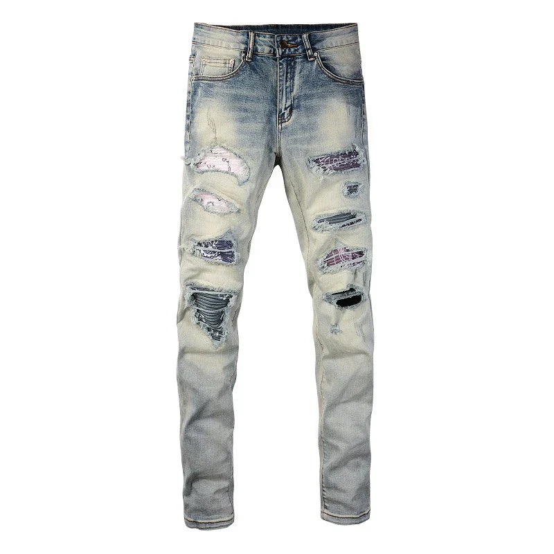Stylish distressed denim jeans with a skinny, knee-exposed silhouette for a contemporary, high-street fashion look