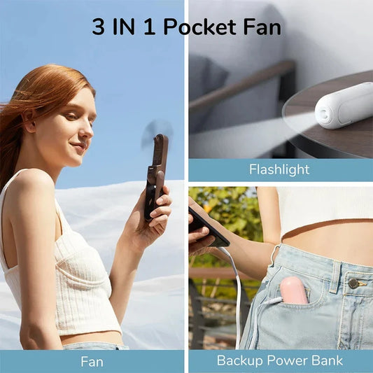Portable Mini Handheld Fan with 4500mAh battery, 3 speed settings, power bank, and flashlight