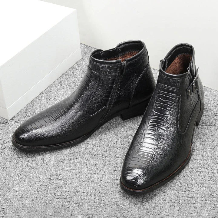 Premium men's formal Chelsea boots in brown, featuring a round toe, low wedge heel, and side zipper closure for a polished, office-ready look
