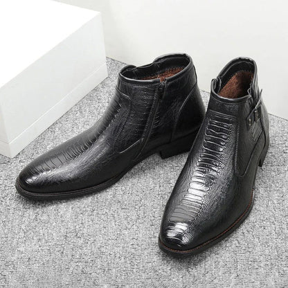 Premium men's formal Chelsea boots in brown, featuring a round toe, low wedge heel, and side zipper closure for a polished, office-ready look