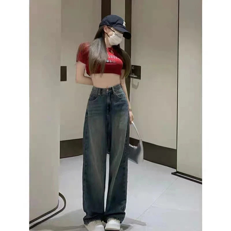 Premium high-waisted wide-leg straight jeans in classic blue denim
