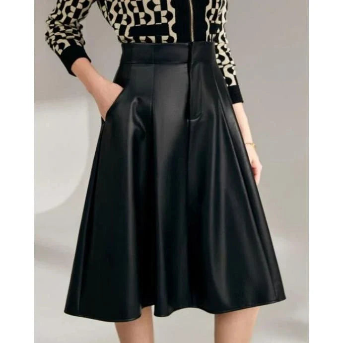 High-waist, A-line black PU leather skirt with a knee-length design for a sophisticated, elegant look